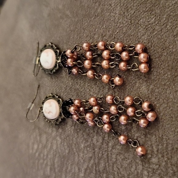 VTG Coquette Cameo Beaded Chain Tassel Bronze Dangle Hook Earrings - Picture 3 of 5